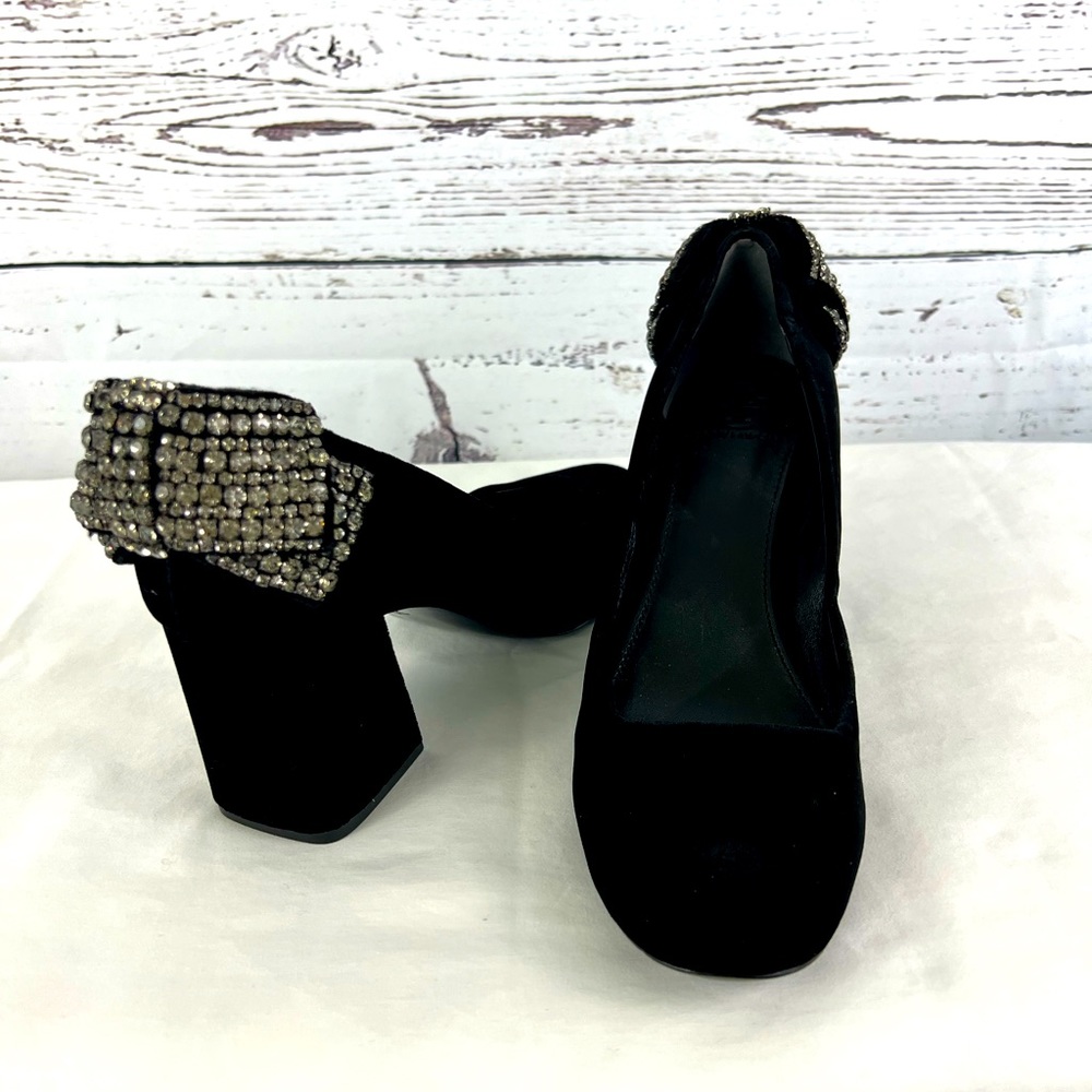 Tory Burch Black Velvet Heels with Crystal Bows - Picture 6 of 12